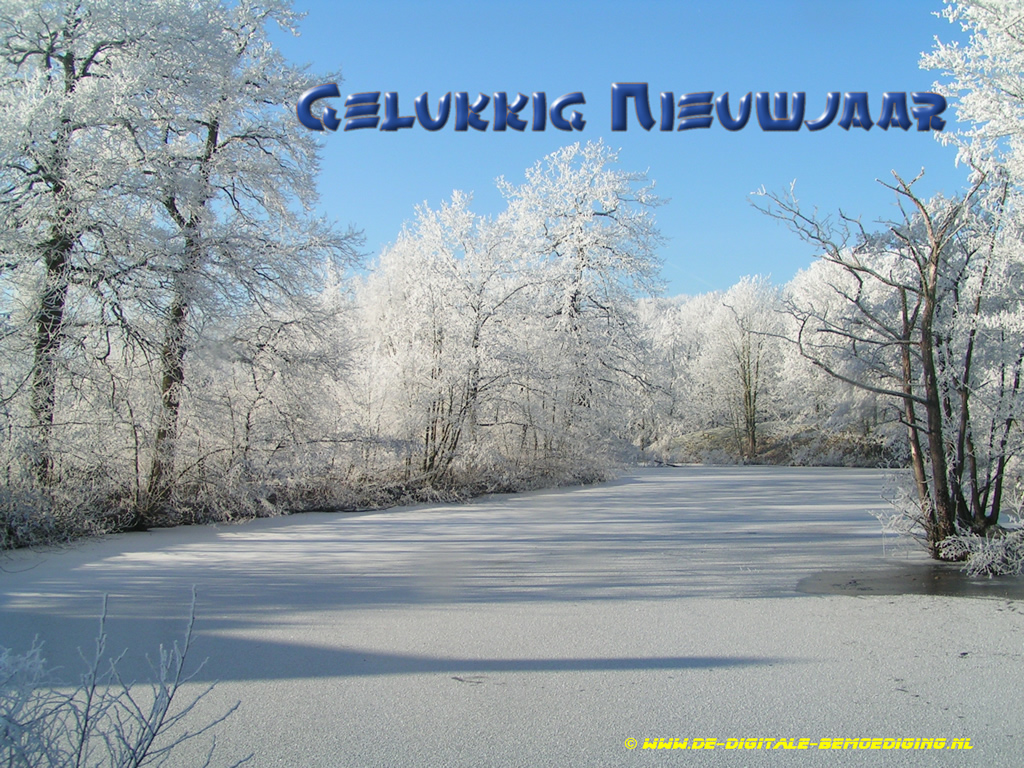 Gelukkig Nieuwjaar Blauwe lucht witte sneeuw bevroren gracht chinese letters