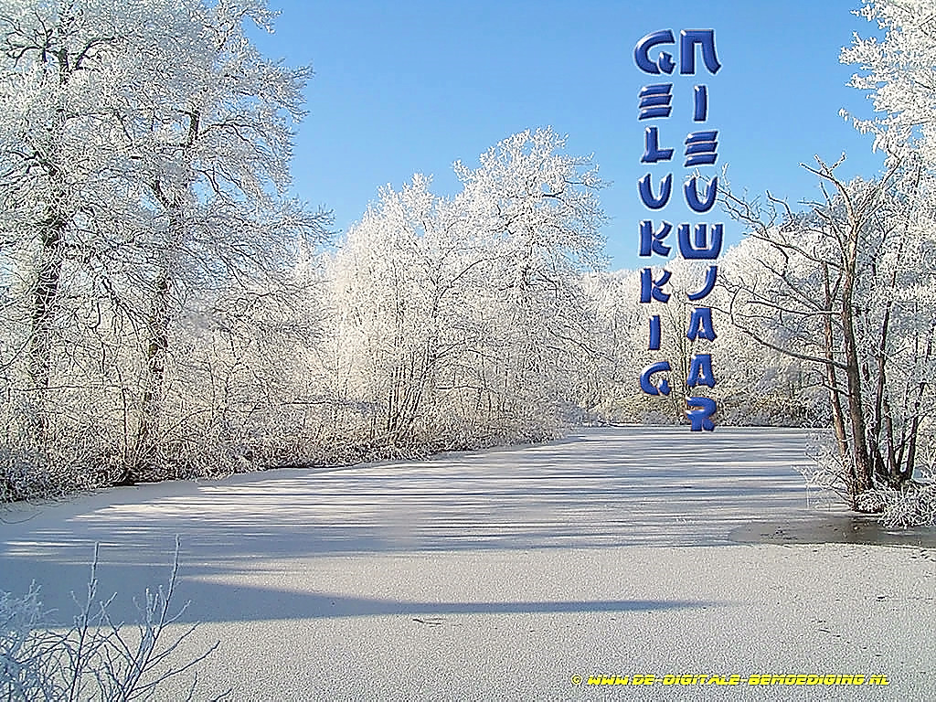 Gelukkig Nieuwjaar Blauwe lucht witte sneeuw bevroren gracht chinese letters